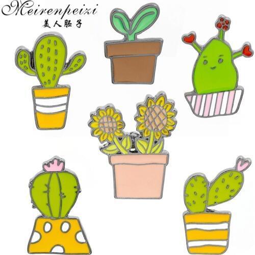 Meirenpeizi Cartoon Cactus Brooch Green Leaves Tree Cute Mini Plant Pot Enamel Pins Jackets Lapel Pin Badges Women Jewelry Gift