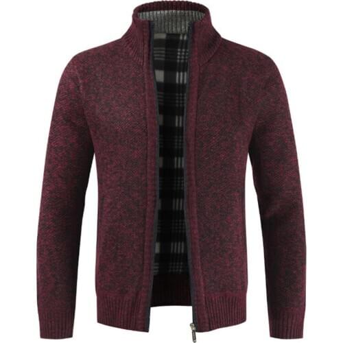 Autumn Winter Men Knitted Sweater Pockets Plush Liner Warm Slim Cardigan Coat jacket mens solid color cardigan