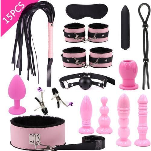 7/8/11/15pcs BDSM Bondage Kits Handcuffs Whip Collar Nipple Clamps Whip Anal Plug Vibrator Butt Plug Adult Games SM Sex Toys