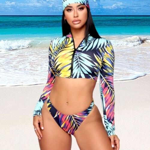 Newest Womens Bikini Suit Pattern Printed Zipper Closure Short Blouse High Waist Shorts Elastic Swimming Cap Swimsuit Set