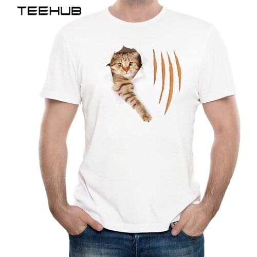 2019 Mens New Fashion Funny cat in torn wallpaper hole with claw cuts Printed Short Sleeve T-Shirt Summer Cool Tops Soft Tee