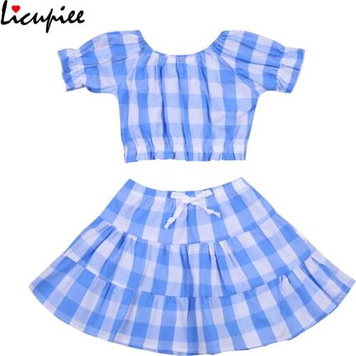 1-6 Years Fashion Girls Clothing Set Color Block Plaid Short Sleeve Tops and Skirt Two-piece Suit for Vacation Birthday Party