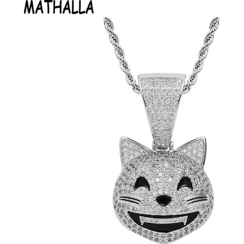 MATHALLA New Animal Pendant Smiling Kitten Pendant Necklace Micro-Inlaid Zircon Sparkling Hip Hop Jewelry Gift