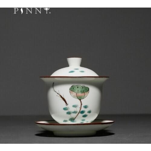 PINNY 165ML Hand Painted Ceramic Lotus Gaiwan Chinese Kung Fu Tea Tureen Pigmented Retro Tea Service