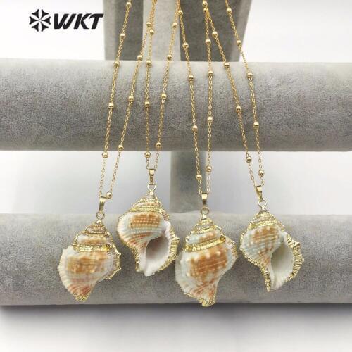 WT-JN072 WKT Popular Ladies Jewelry Natural Trumpet Shell Pendant With Gold Chain Seaside Holiday Sweet Cute Gift Shell Necklace