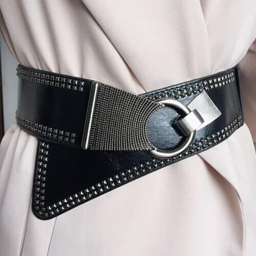 2020 Punk Style Rivets Beading Round Buckle Women Belt Female Pu Leather Super Wide 9CM Belts Ceinture Femme Leisure Cummerbunds