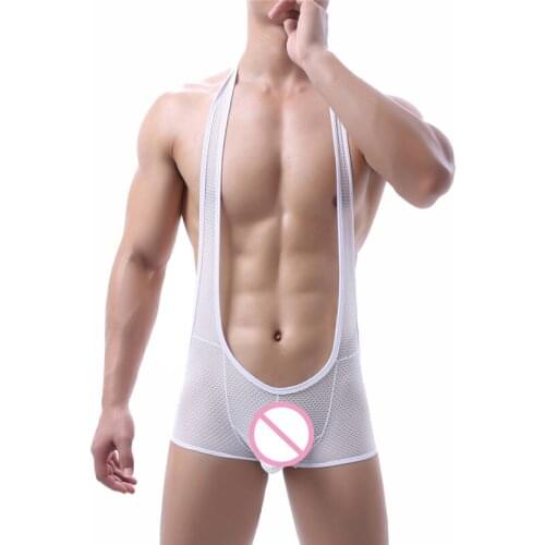 Sexy Mens Undershirts Mesh See Through Bodysuit Open Butt Underwear Gay Sexy Man Jumpsuit Wrestling Singlet One-piece Leotard