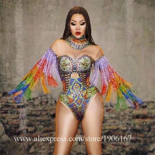 Sexy Lady Party Evening Dress Dance Bikini Suit DS Stage Performance Printed Tassel One-piece Ballroom Costume