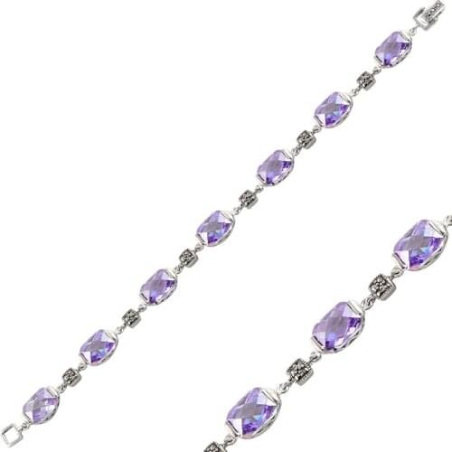 Silver 925 Sterling Marcasite & Amethyst Zircon Cubic Zirconia Bracelet
