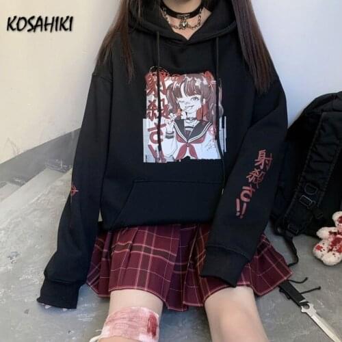 KOSAHIKI 2021 Japanese Streetwear Harajuku Hoodie Loose Black Sweatshirt Fashion Thick Women Top Cartoon Print Ropa Mujer 11a028