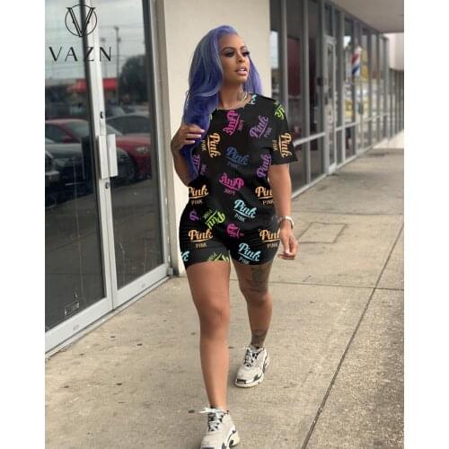 VAZN 2021 Causal Sport Suit Short Sleeve Punk Style Bodycon Sexy Bandage Beach Suits 2 Piece Set Women Top And Pant