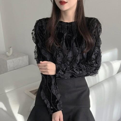Shintimes Lace Velvet Patchwork Pullover Splicing Blouses Women 2021 Vintage Woman Shirts Long Sleeve Woman Tops Chemisier Femme