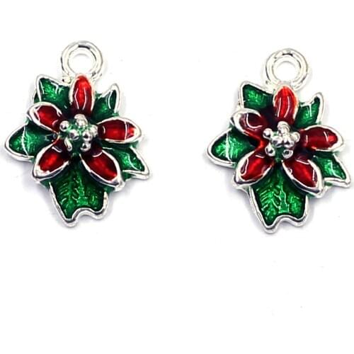 10Pcs Pendants Christmas Festival Celebrate Flower Silver Plated Green Enamel For Charms Necklaces Jewelry DIY Finding 18x14mm