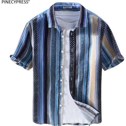 100% Linen Anti-static Breathable Anti-uv Summer Vintage Striped Fashion Hemp Short Sleeve Man Shirt Quality Men Casual Shirts