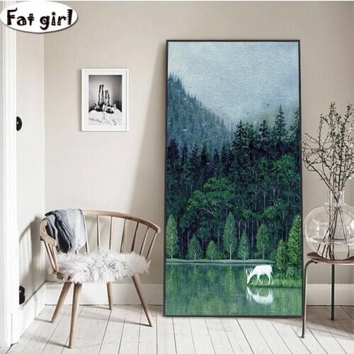 Diamond Embroidery large size Green Forest Xianlu Lake Deer Drink Water Scenery 5D DIY Diamond Painting Square/Round Mosaic kit