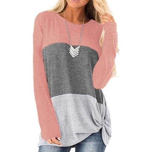 Twist Knot Women T-shirt Long Sleeve Casual Color Block O Neck Tunic Blouse Pullover Top T-Shirt Solid Color Loose Cotton top