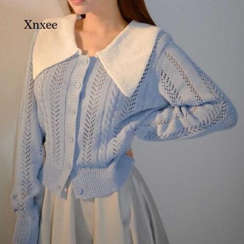 2021 Hollow Rib Knitted Cardigan Japanese Lapel Womens Sweater Coat Autumn Winter New Slim Hollow Vintage Sweater Women Jacket