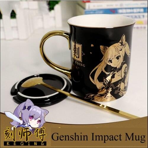 Game Genshin Impact Keqing Ceramic Mug Coffee Water Milk Cup Gold Stamping Spoon+Cup lid +Cup Fashion Fans Gift