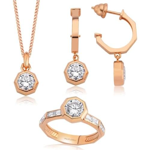 Valori Jewels 3.2 Carat, Zirconia White Octagon Sun Gemstone, Rose Gold Plated, Sterling Silver Trio Set