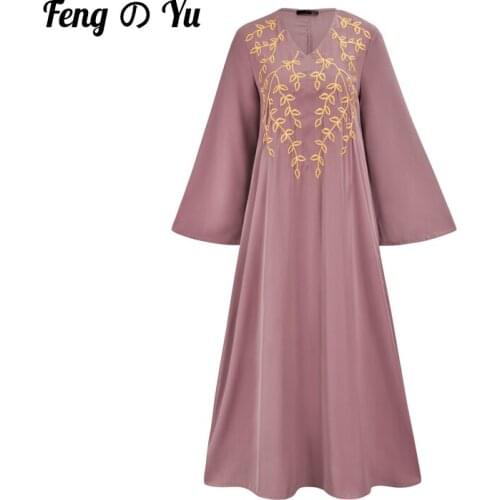 Muslim Dress Turkey India Long Sleeve V-Neck Embroidery Dubai Arab Morocco Kaftan Islamic Party Pink Dress Robe