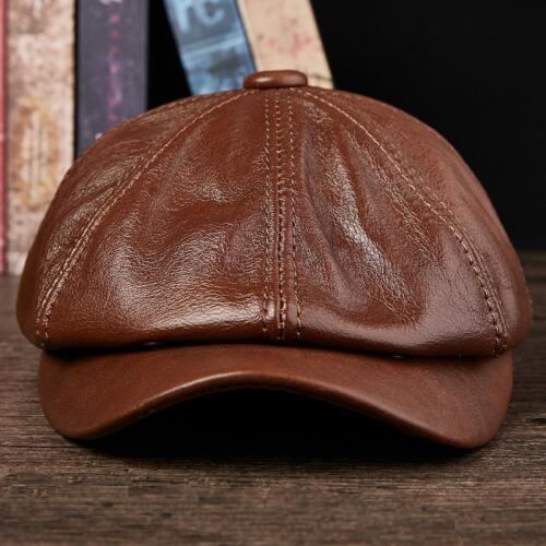 Mens Visors Hats Cowboy Genuine Leather Hat Cap Adult Autumn Winter Warm Hats Students Fashion Tongue Octagonal Hat B-8807