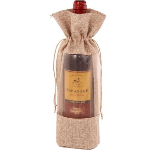 Natural Jute Burlap Wine Bottle Bag Window Champagne Packaging Gift Bag For Guest Party Decoration 14x30cm SN3446