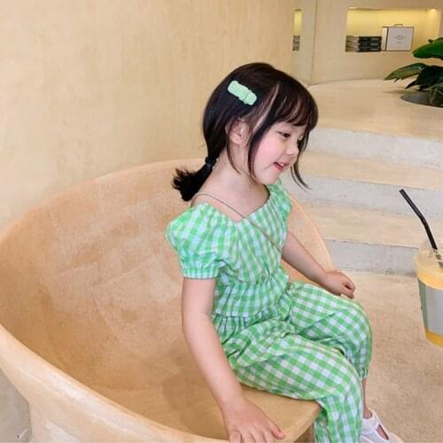 2-6 Years Children Girls Clothes Set Square Collar T-Shirt + Long Pants Summer Fashion Green Plaid Outfit Kid Girl Clothes Suit