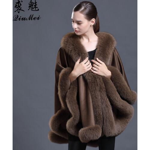 Real Fur Coat Fashion Women Fox Fur Collar Bridal Shawl Cape Wedding Dress Lady Wool Natural Fur Coat Ponchos And Capes Female
