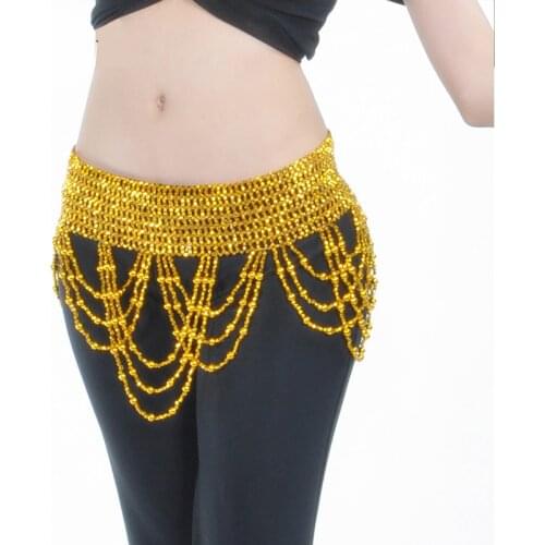 Gold Silver Beads Oriental Belly Dance Bellydance Belts Hip Scarf for Women Indian Bellydance Dancing Waist Chain Stretch Waist