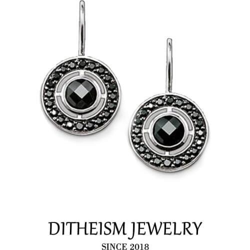 Black Crystal Round Swan Neck Drop Earrings, 2018 New Fashion Jewelry Trendy 925 Sterling Silver Gift For Women