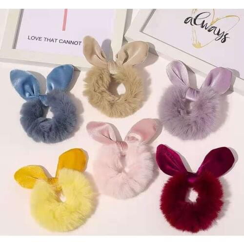 Cute Plush Rabbit Ear Elastic Hair Bands Women Floral Striped Faux Rabbit Fur Scrunchies Rubber Band Hair Ties Hair Accessories
