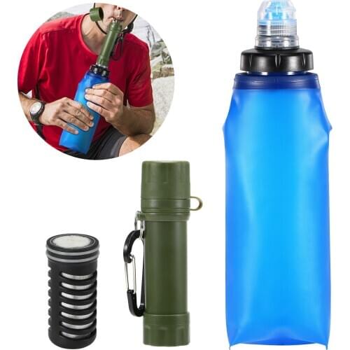 600ml Soft TPU Collapsible Water Filter Bottle with Water Filter Straw BPA Free Outdoor Filtered Water Bag for Camping Cycling
