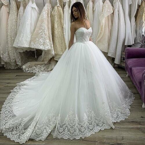 Vestido De Noiva Sweetheart Sash Tulle Appliques Lace Mariage Bride Ivory White Ball Gown Wedding Dresses 2020