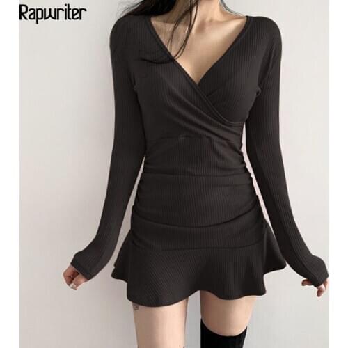 Sweater Knitted Black Woman Long Sleeve V Neck Dress Elegent Ladies bodycon Mermaid Ruffles Hem Sexy Dresses Party Vestidos