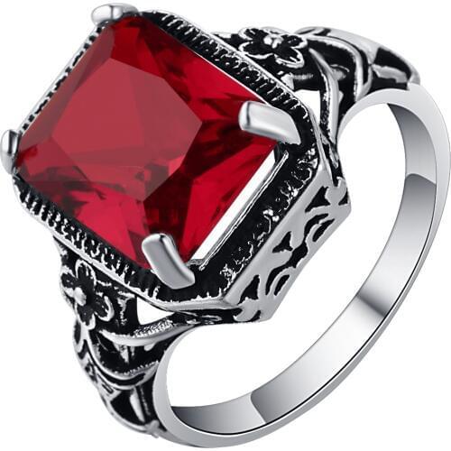UFOORO New Trendy Ring For Women Wedding Red&Purple Square Crystal Ancient Silver Jewelry Size 6-10 Wholesale Female Gift