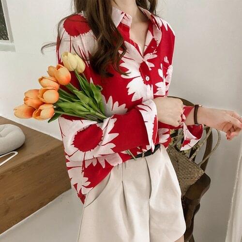 Womens retro Hong Kong-style printed blouse spring and summer Korean loose large size design shirt women long sleeves
