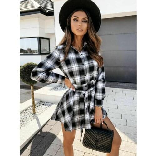 Womens Plaid Check Long Sleeve Blouse Mini Dress Casual Long Tops Shirts Ladies