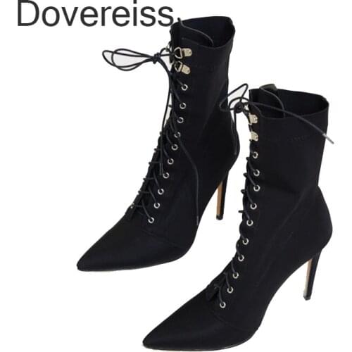 Dovereiss Fashion Womens Shoes Winter New Pointed Toe Sexy Cross Tied Clear Heels Boots Ankle Boots 40 41 42 43