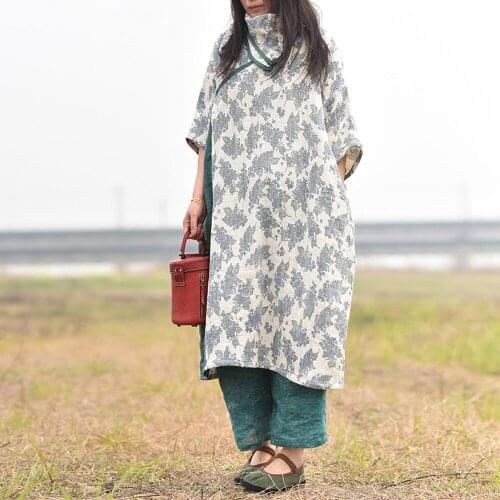 Johnature Women Linen Vintage Dresses Print Floral Robes Loose V-Neck Seven Sleeve 2021 Autumn New Female Chinese Style Dresses