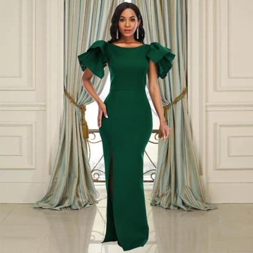 Women Dresses 2021 New African Party Dress Sexy Sleeveless Ruffle High Waist Slim Slit Dress Elegant Ladies Evening Gowns Green