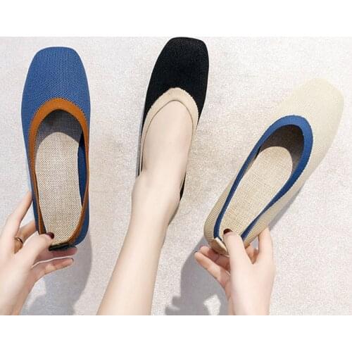 Square Toe Woven Flat Womens Single Shoes Ladies Shallow Knitted Beanie Shoe Mixed Color 2021 Fashion Outdoor Casual Comfort