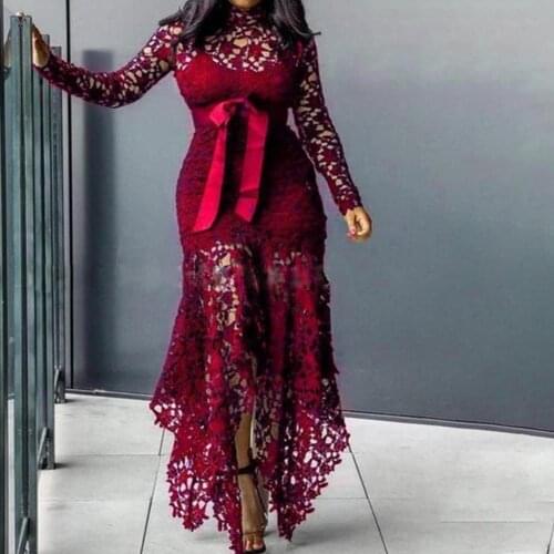 2021 Fashion Women Formal Dress Lace Patchwork Women Hollow Out Fishtail Hem Dress Irregular Skirt Mini Dress for Wedding