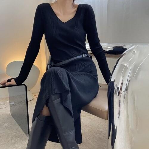 Early Fall Sexy Slim Bodycon Trumpet Dresses Solid V Neck Cotton Long Sleeve Knit Long Dress Womens Fashion Elegant Vestidos