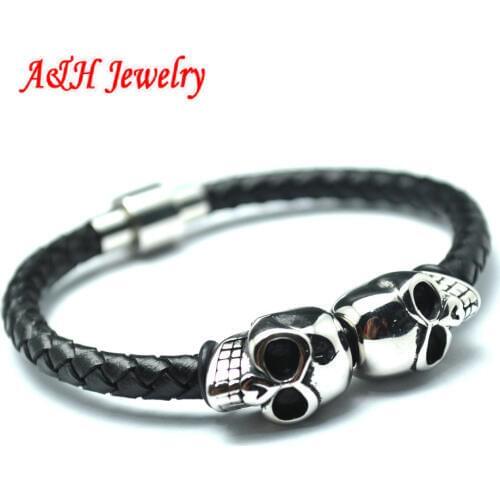 10pcs Fashion Men and Women 6mm Diameter Genuine Leather Bracelets 316L Stainless Steel Skull Head With Magnet Clasp Gift