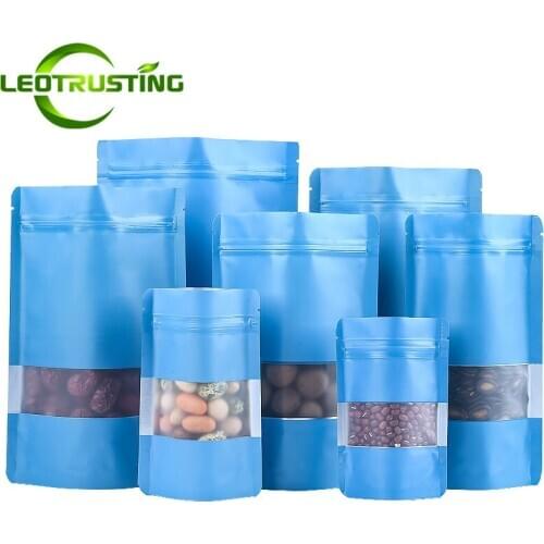100pcs Stand up Matte Blue Foil Window Zipper Pouches Heat Sealing Chocolate Dried Fruits Flowers Cereals Seeds Gifts Pack Bags