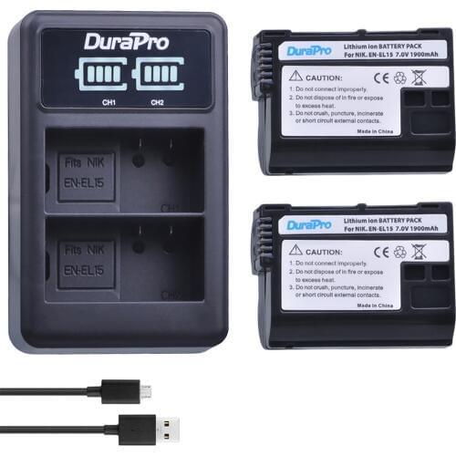 2 x DuraPro EN-EL15 EN EL15 Camera Battery + LCD USB Dual Charger for Nikon D800E D800 D600 D7100 D7000 D7100 V1 MB-D14 Camera