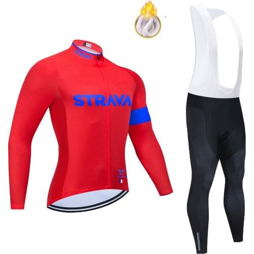 2021 Team STRAVA Red Winter Cycling Jersey Set Clothing Suit Mens Long Sleeve MTB Bike Road Pants Bib Ropa Ciclismo