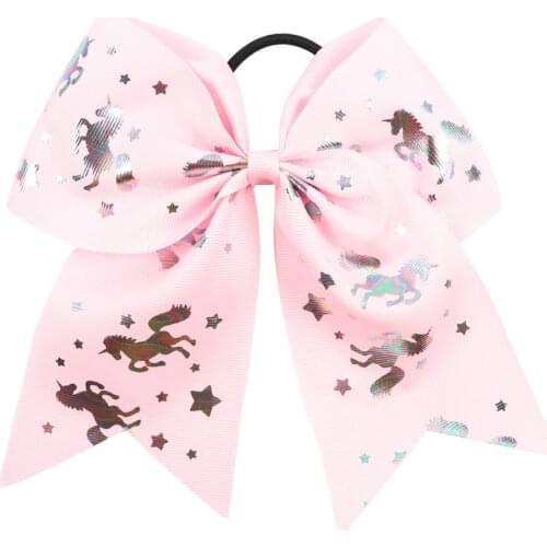 7'' Large Sequin Unicorn Cheer Bows Glitter Print Flower Hair Bow With Elastic Hair Bands For Girls Boutique Hair Accessories