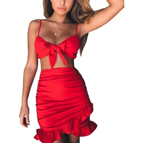 80% Hot Sales Summer Spaghetti Strap Sexy Women Crop Top High Waist Ruffle Bodycon Skirt Dress
