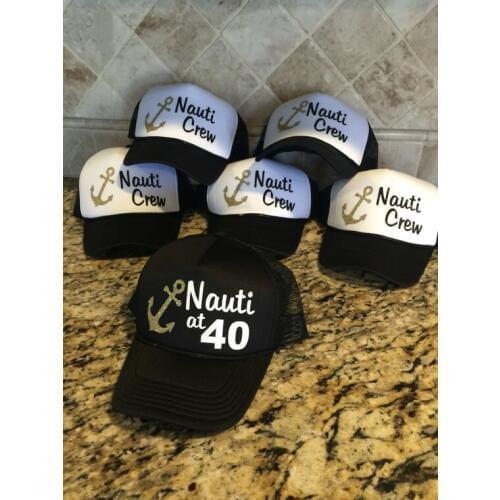 Customize Nauti crew at 40 birthday party baseball Trucker Rapper Caps Hats Bachelorette favors decorations